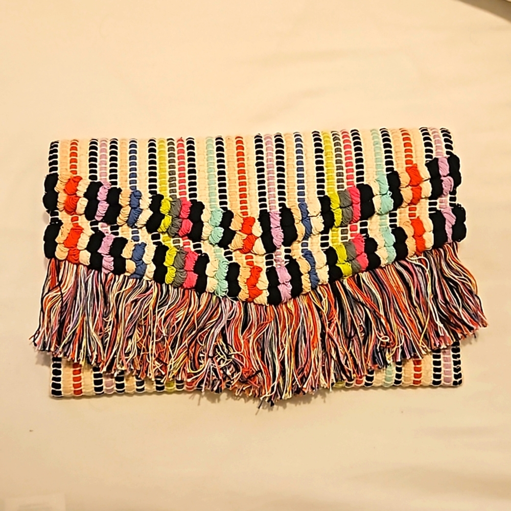 Stella & Dot Taj Bohemian Multicolored Striped Fringe Clutch
